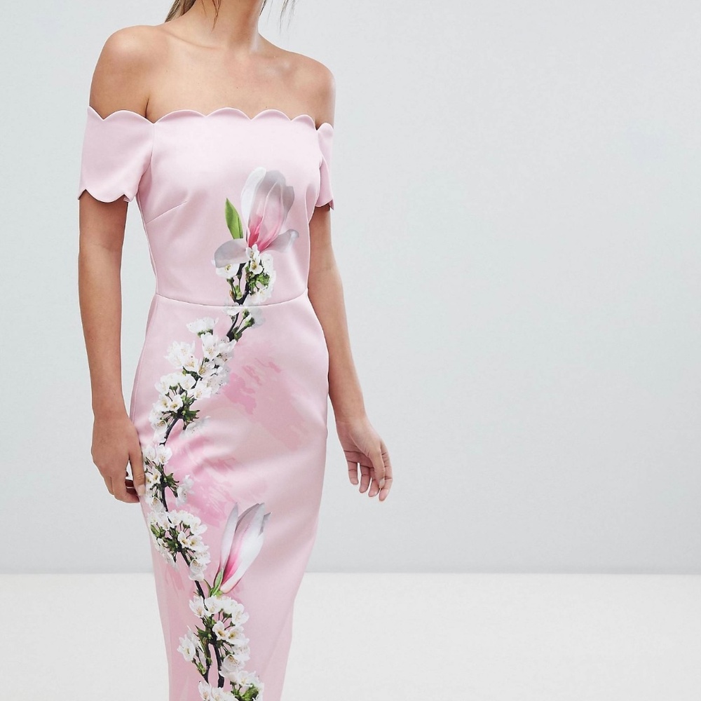 Ted Baker Women's Olyva Pink Harmony Scallop Bodycon Dress, flowers,hot,size:4